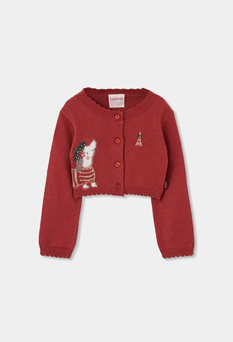 Red knitted girl\'s jacket with puppy print