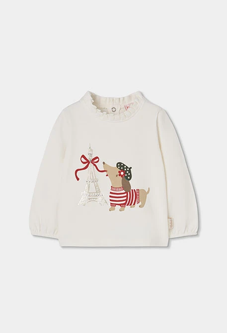 Girl\'s white knitted T-shirt with Parisian dog print