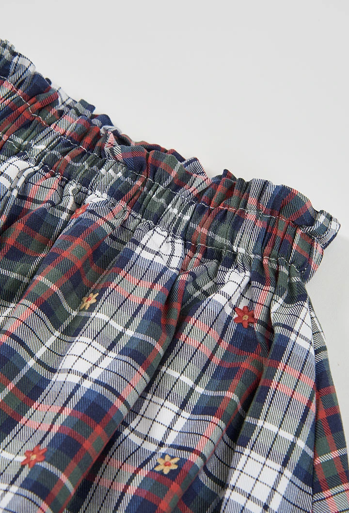Blue navy checked skirt with floral embroidery
