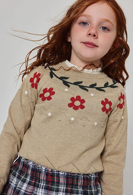 Beige floral print girl\'s jumper
