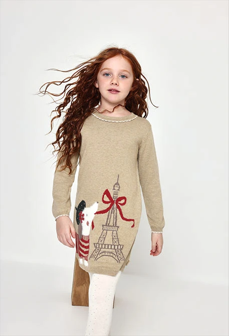 Vestito beige con stampa Torre Eiffel e coniglietta