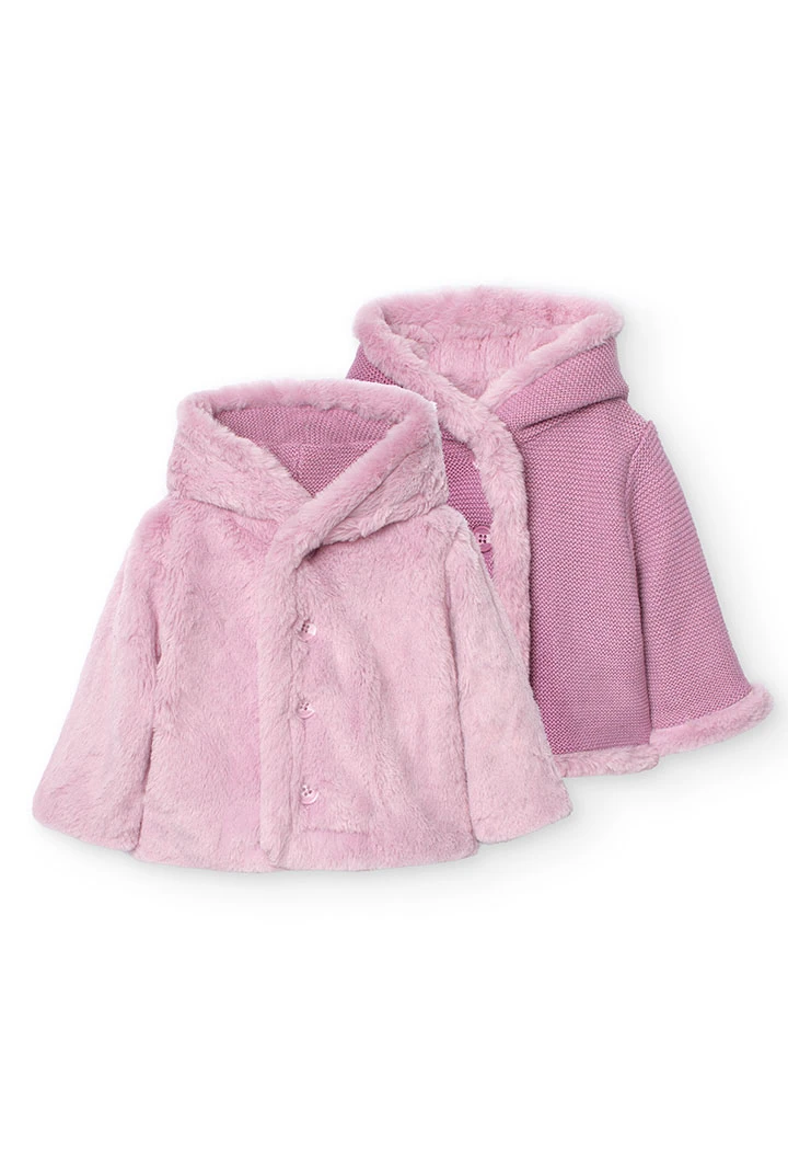 Reversible jacket with fur for baby girl in pink