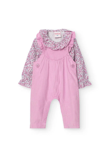 Set of viella blouse and micropana dungarees for baby girl in pink