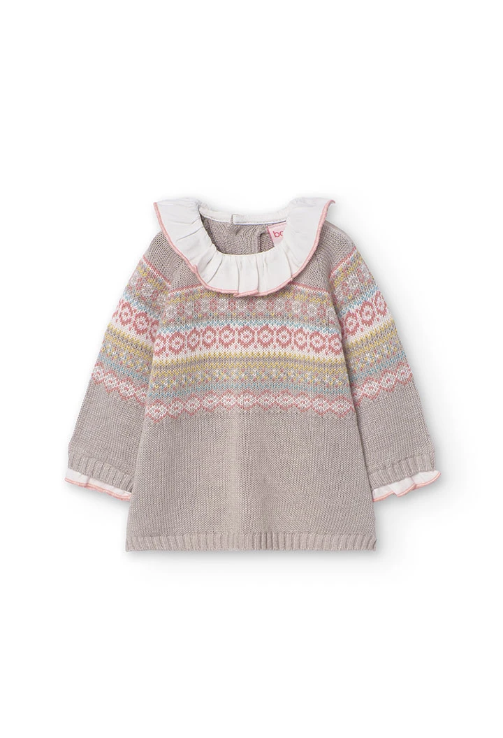 Vestido de tricotosa para bebé niña estampado de cenefas en beige