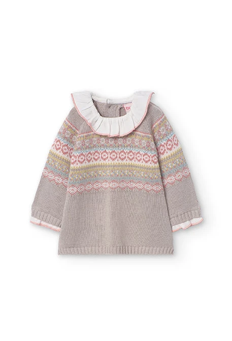 Robe en tricot pour bébé fille avec imprimé de bordures en beige