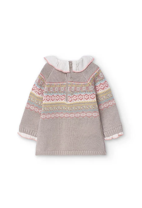 Robe en tricot pour bébé fille avec imprimé de bordures en beige