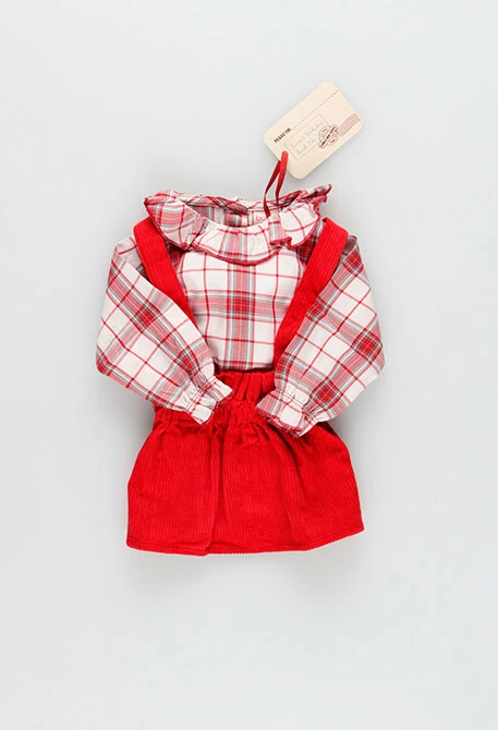 Conjunto de camisa viella y falda de pana para bebé niña en granate