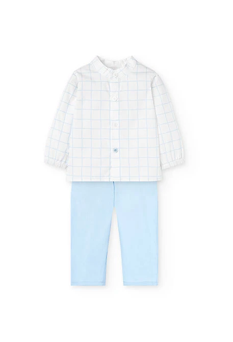 Conjunto de camisa de malha para bebé menino em azul claro com design de quadrados