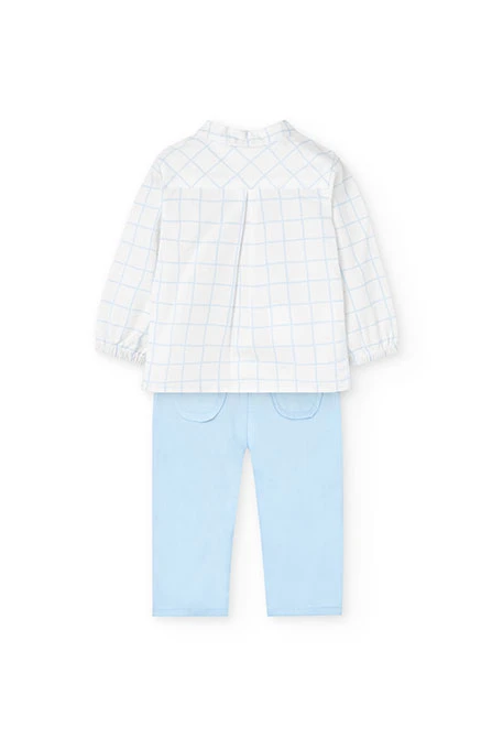 Conjunto de camisa de malha para bebé menino em azul claro com design de quadrados