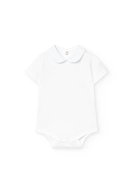 Conjunto de bebé menino de malha em cor branca com estampado de xadrez.