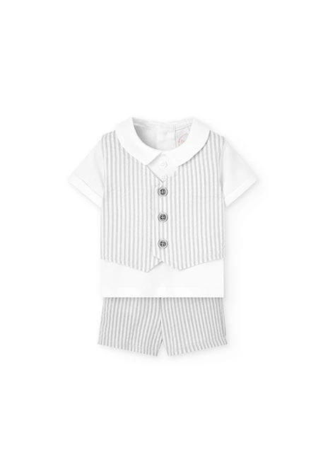 Conjunto de popelina para bebé menino em cinzento listado