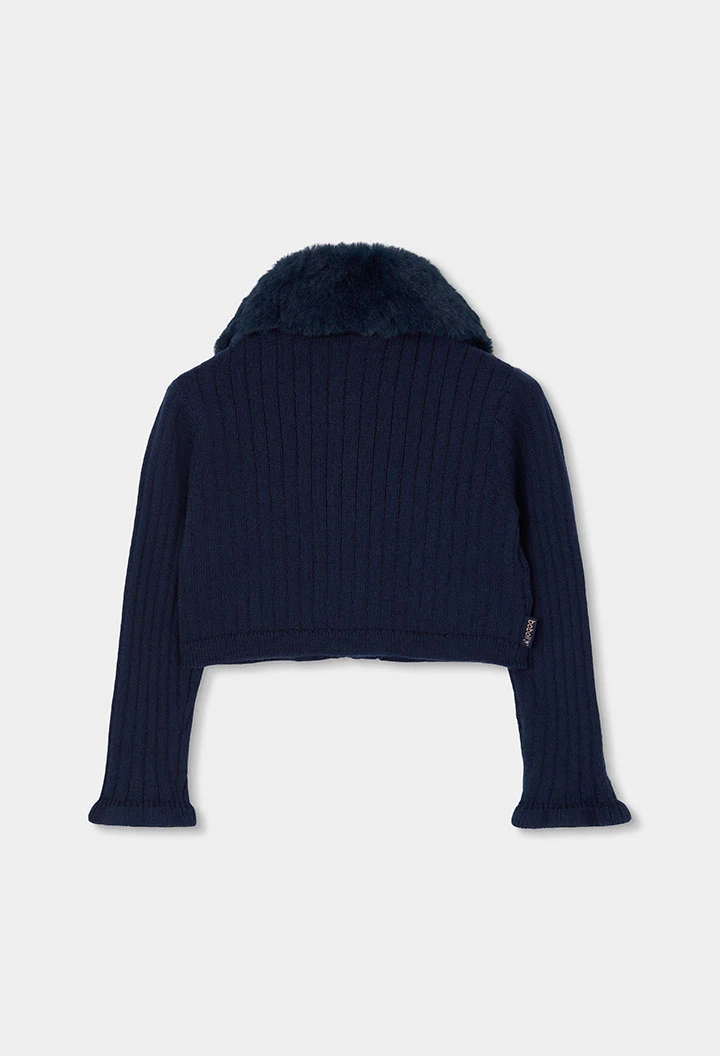 Strickjacke für Mädchen in Marineblau mit Pelzkragen