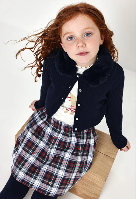 Veste en maille fille bleu marine avec col en fourrure