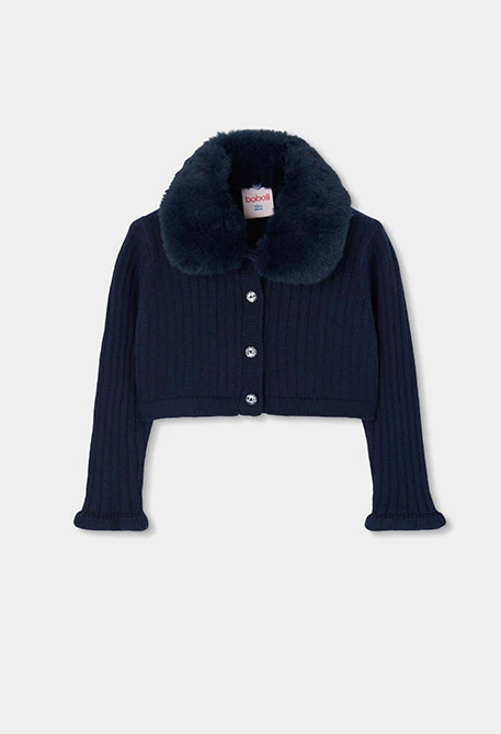 Chaqueta punto niña azul marino con cuello de pelo