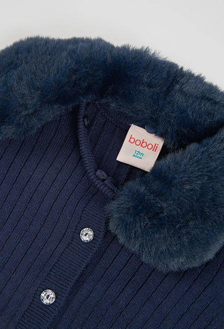 Girl\'s navy blue knitted jacket with fur collar