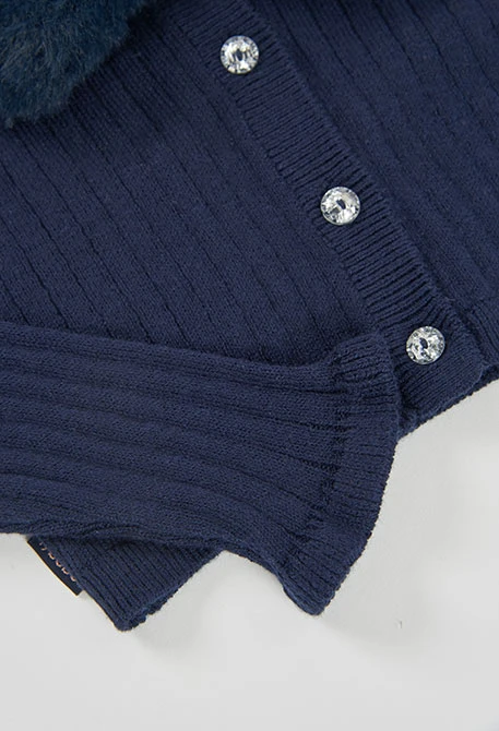 Strickjacke für Mädchen in Marineblau mit Pelzkragen