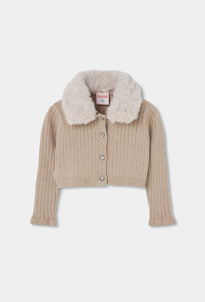 Chaqueta punto niña beige con cuello pelo