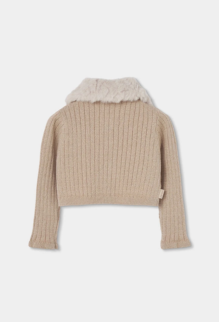 Beige Strickjacke für Mädchen mit Fellkragen