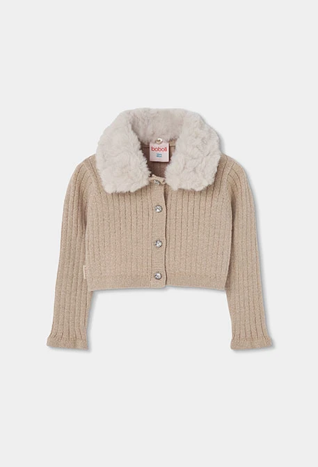Beige knitted girl\'s jacket with fur collar