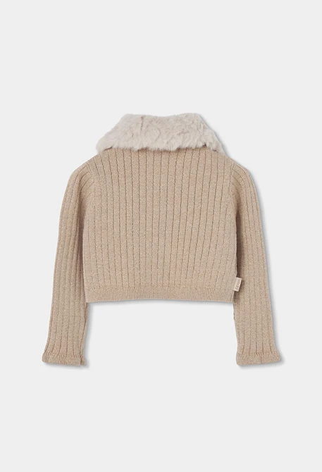 Beige Strickjacke für Mädchen mit Fellkragen