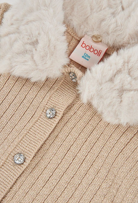 Beige Strickjacke für Mädchen mit Fellkragen