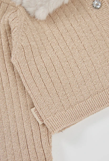Beige Strickjacke für Mädchen mit Fellkragen