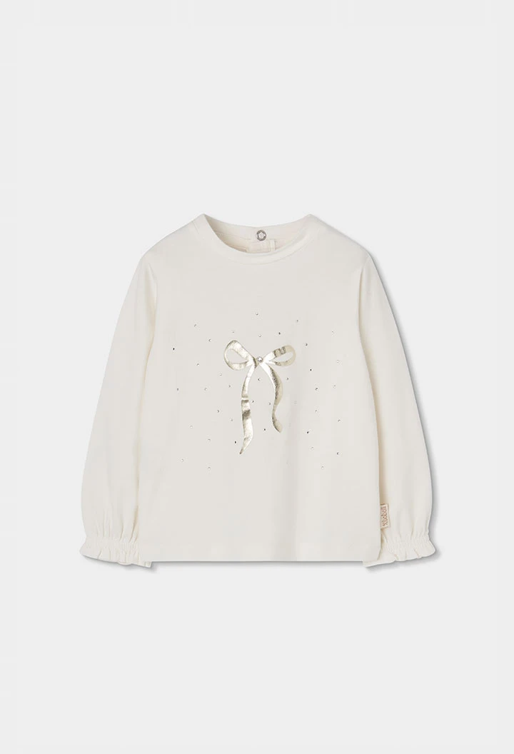 Camiseta punto niña blanca con lazo dorado
