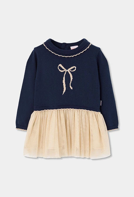 Marineblaues Tüllkleid mit goldenem Schleifenband