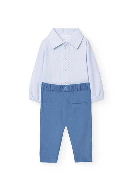 Set of cotton bodysuit with trousers for baby boy in blue