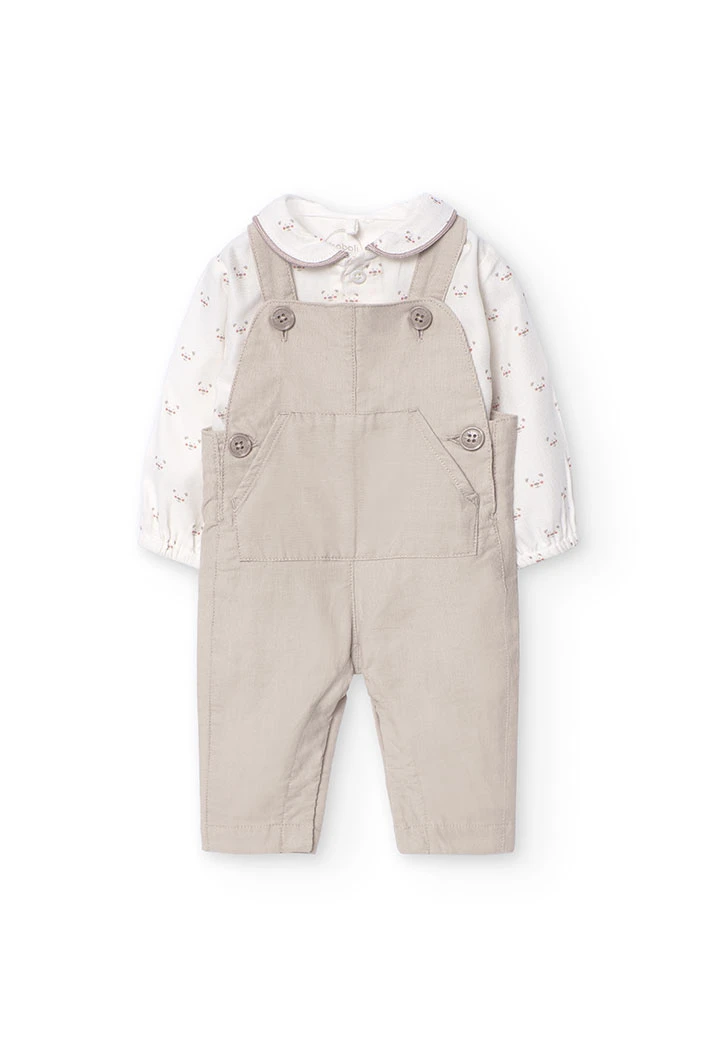 Set of viella shirt and micro-corduroy dungarees for baby boy in beige