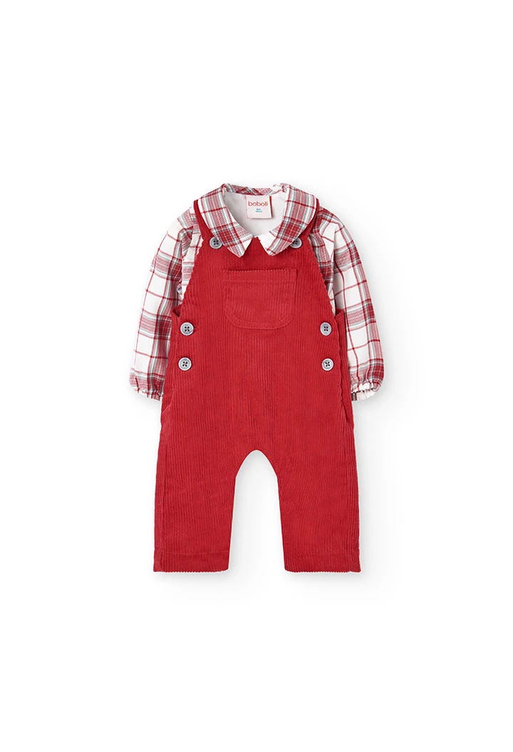 Set of flannel shirt and corduroy dungarees for baby boy in maroon