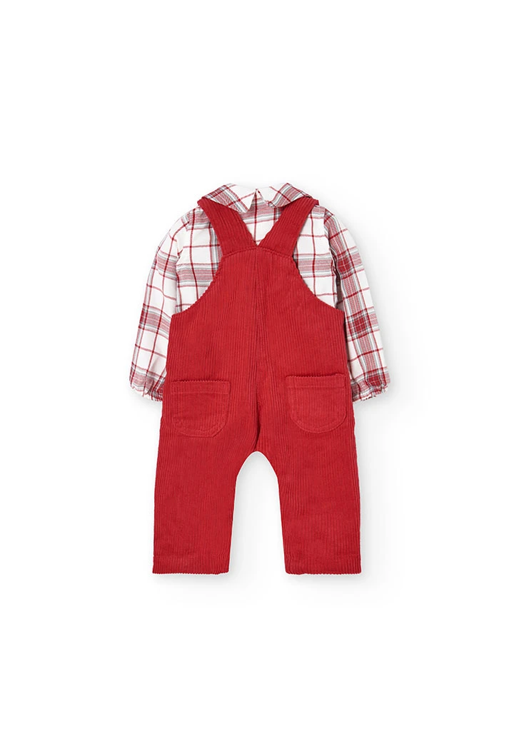 Set of flannel shirt and corduroy dungarees for baby boy in maroon