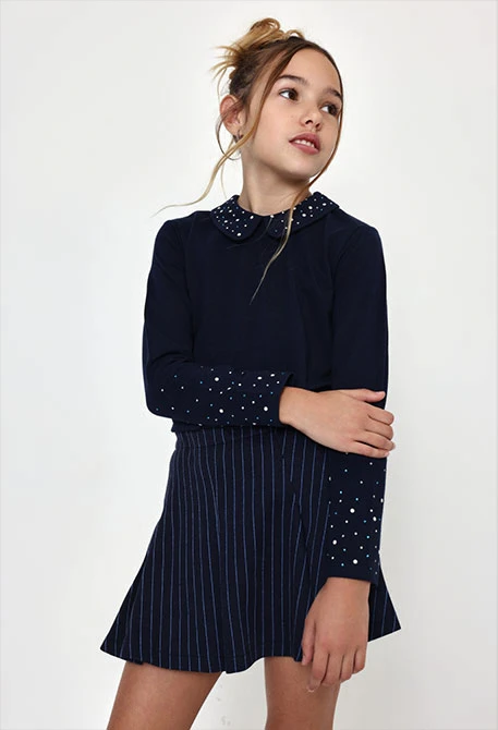 T-shirt en maille fille bleu marine avec perles