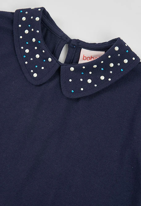 Maglietta in maglia da bambina blu navy con perle