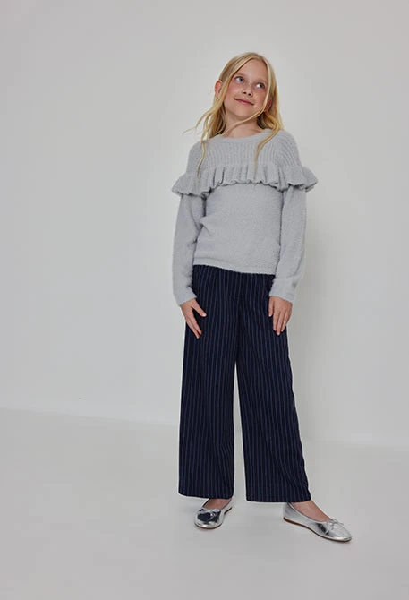 Pantalon en maille fille bleu marine à rayures