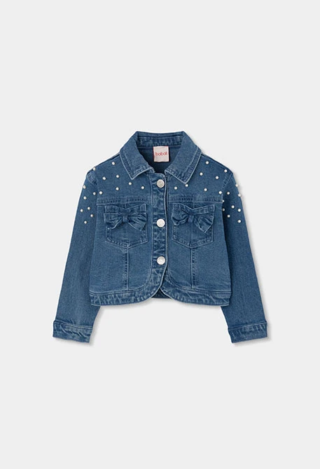 Girls? denim jacket in bleach colour with little bows