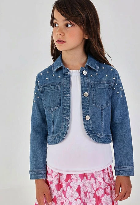 Girls? denim jacket in bleach colour with little bows