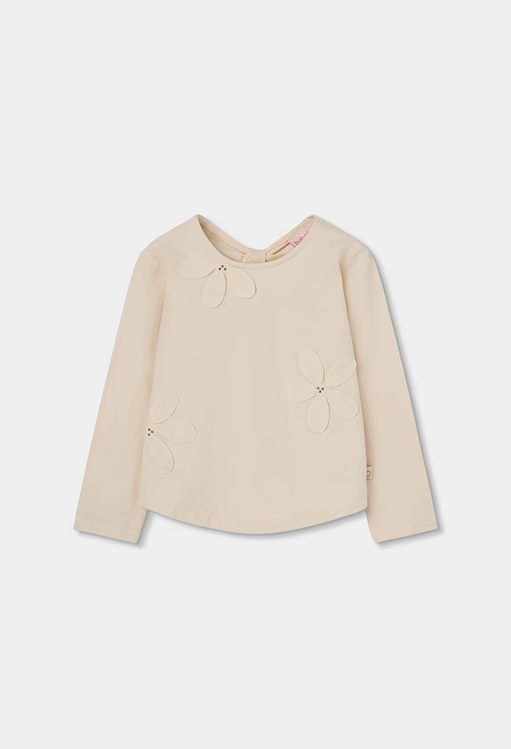 Strickshirt Mädchen naturfarben mit aufgenähten Blumen