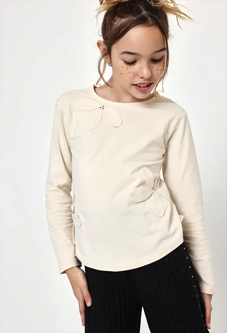 T-shirt en maille fille écru avec fleurs appliquées