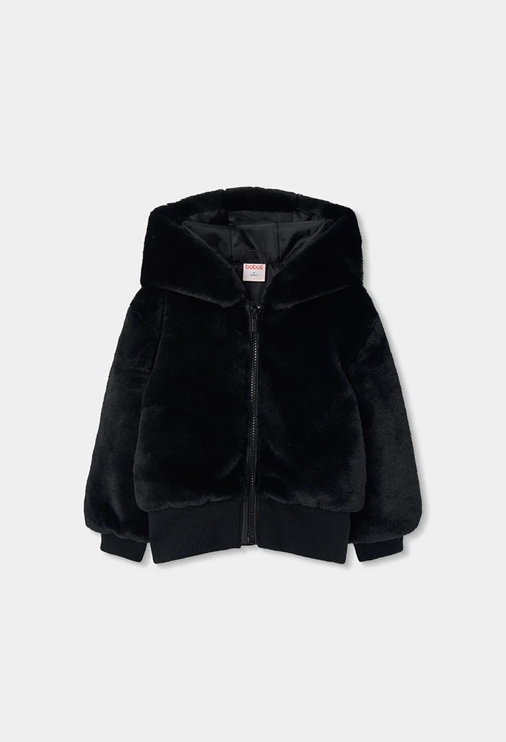 Veste en fausse fourrure fille noire à capuche