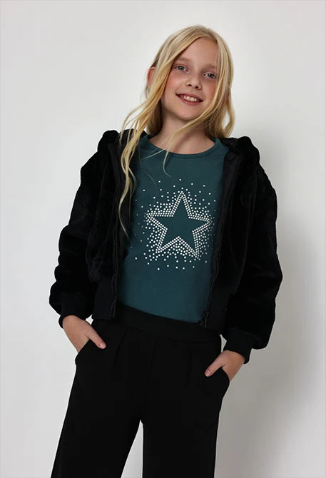 Black hooded girl\'s fur jacket