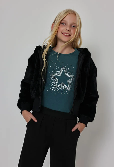 Black hooded girl\'s fur jacket