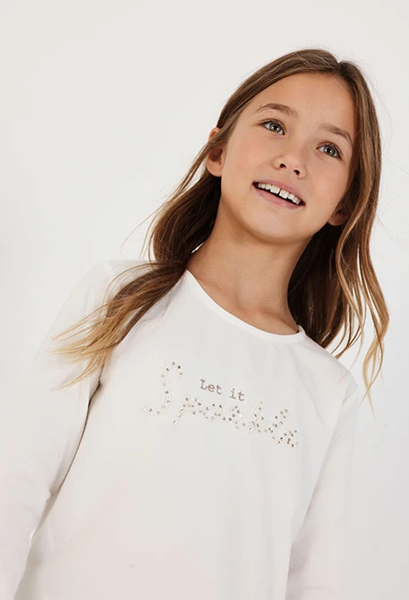 T-shirt en maille fille blanc cassé avec message