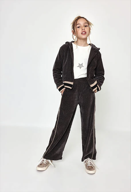 Pantalon velours fille marron avec bande latérale