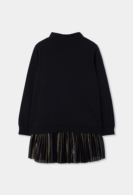 Vestido combinado negro con falda plisada dorada