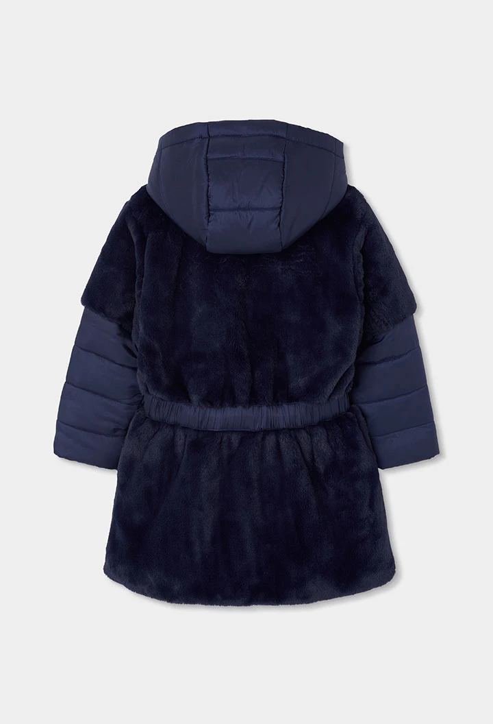 Navy blue girls\' technical fabric parka with belt