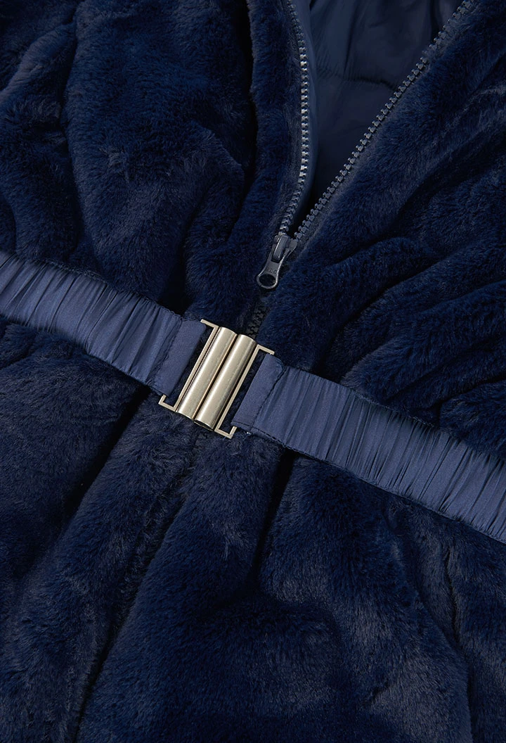 Mädchen-Parka aus technischem Strick in Marineblau mit Gürtel