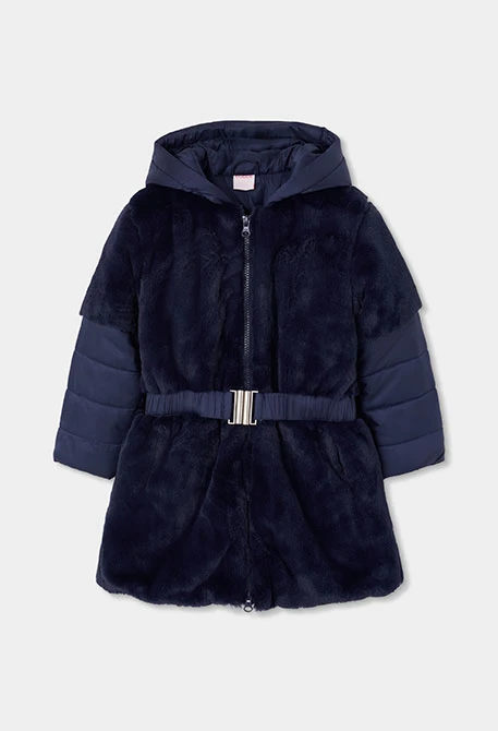 Parka tejido técnico niña azul marino con cinturón