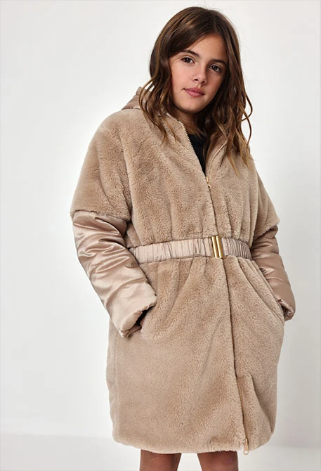 Parka en tissu technique fille camel avec ceinture
