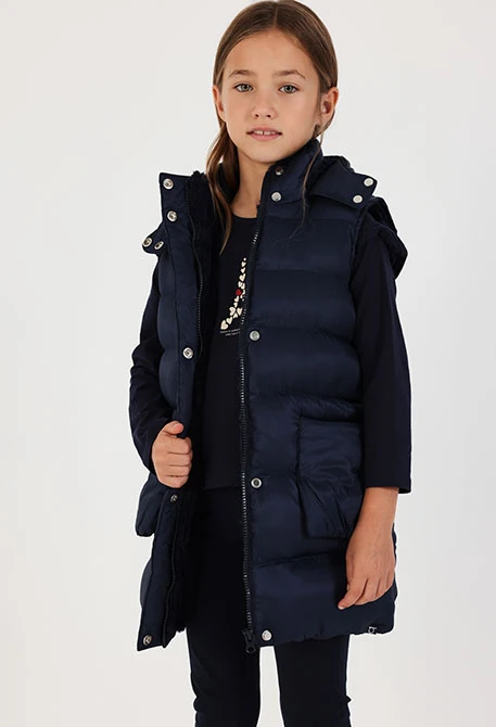 Gilet in tessuto tecnico bambina blu navy con cappuccio